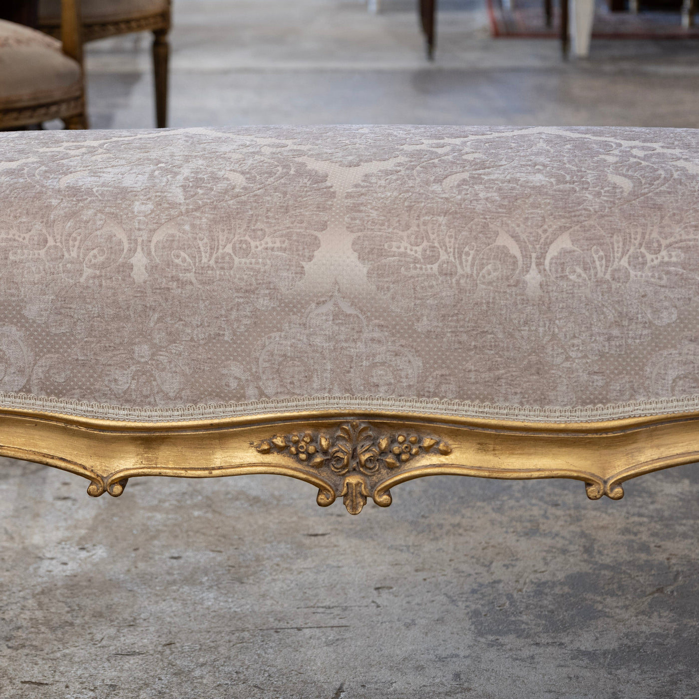 Louis XV Gilded Bench – Taupe Damask Upholstery