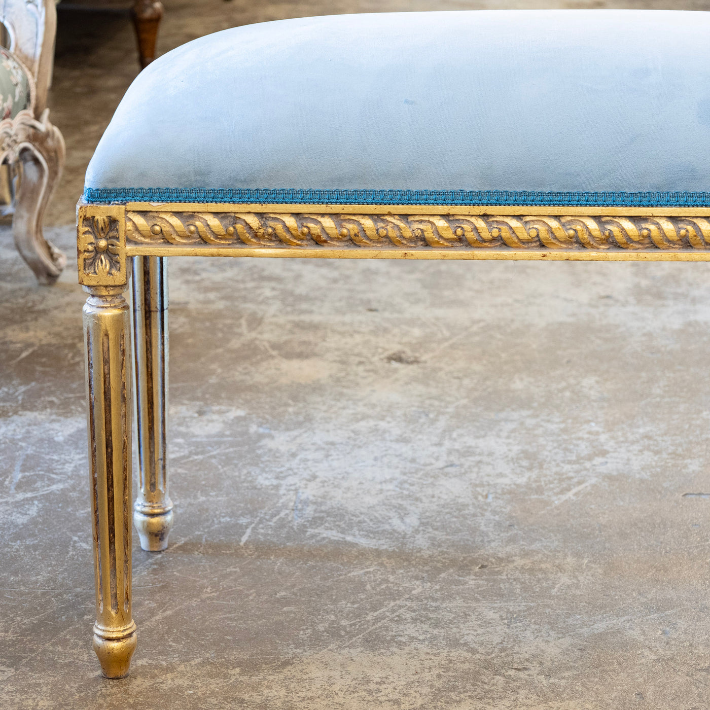 Louis XVI Gilded Bench – Blue Velvet Upholstery
