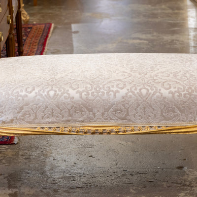 Louis XV Gilded Curule Bench – Floral Carvings & Beige Damask Upholstery