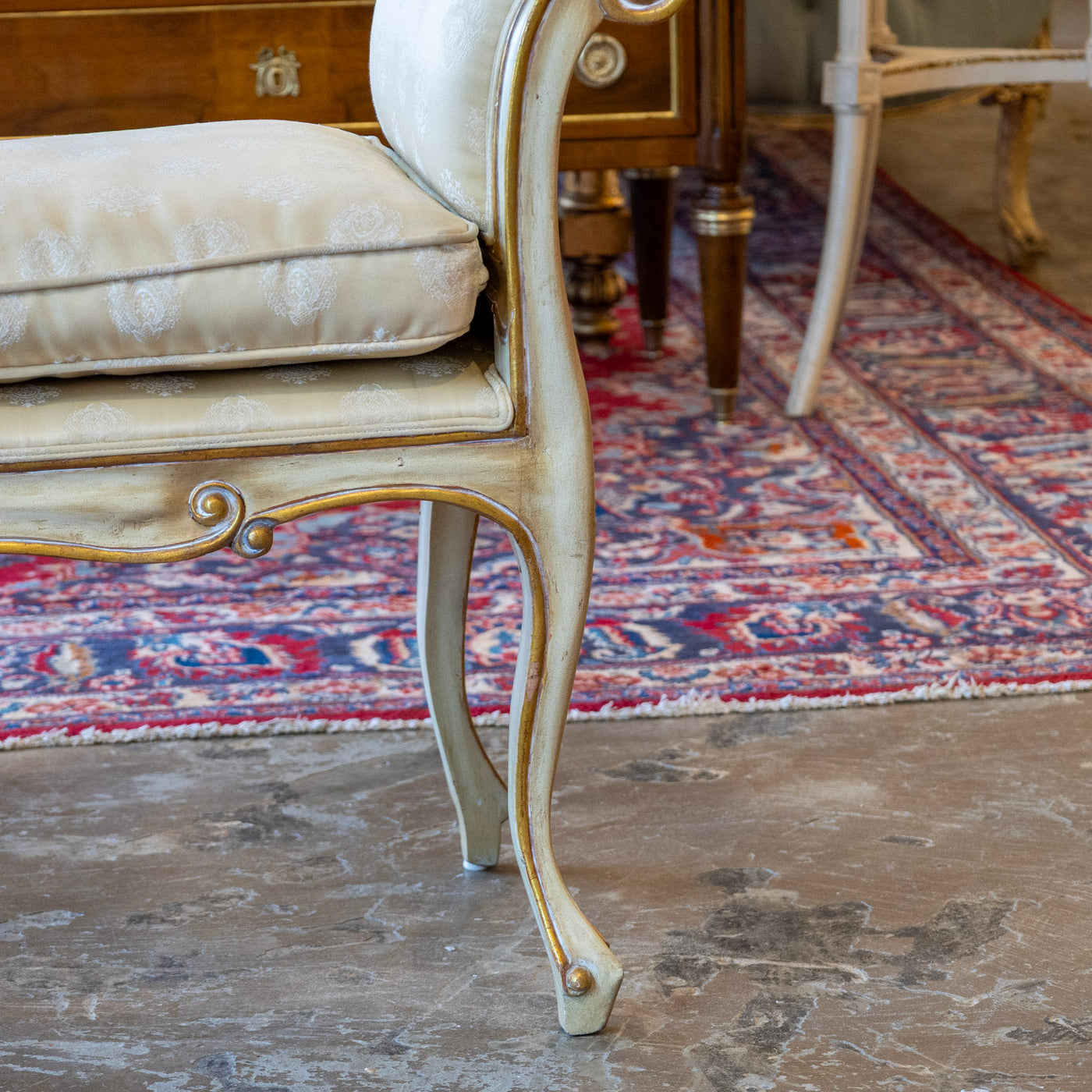 Louis XV Scroll Bench – Original Yellow Damask Upholstery