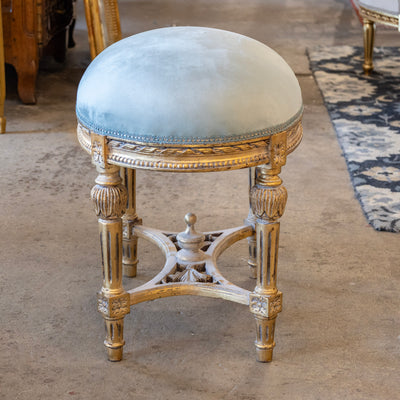 Louis XVI Gilded Oval Stool – Light Blue Velvet Seat