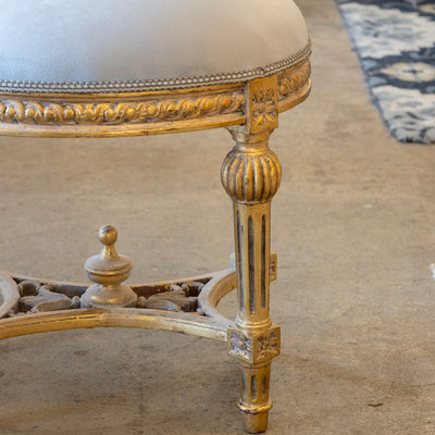 Louis XVI Gilded Round Stool – Muted Blue Velvet Seat