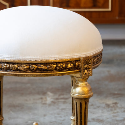 Louis XVI Gilded Round Stool – White Velvet Upholstery