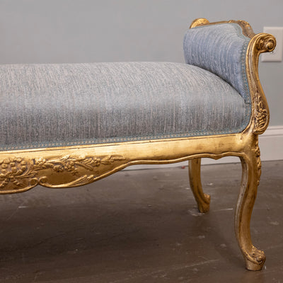 Louis XV Gilded Bench – Carved & Blue Silk Weave Upholstery