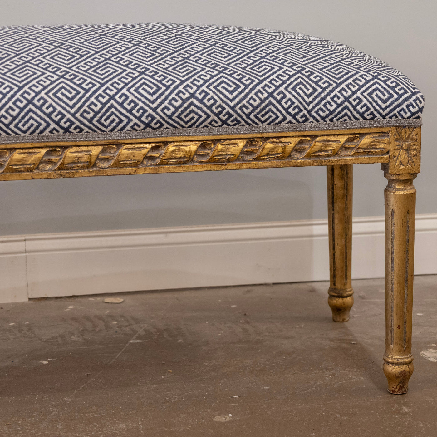 Louis XVI Gilded Bench – Blue & White Greek Key Linen Upholstery