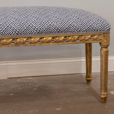 Louis XVI Gilded Bench – Blue & White Greek Key Linen Upholstery