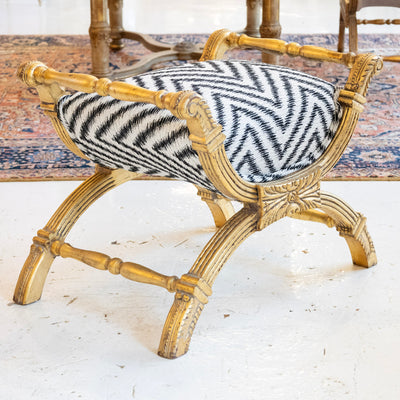 Gilded Boudoir Stool – Black and White Linen Chevron Upholstery