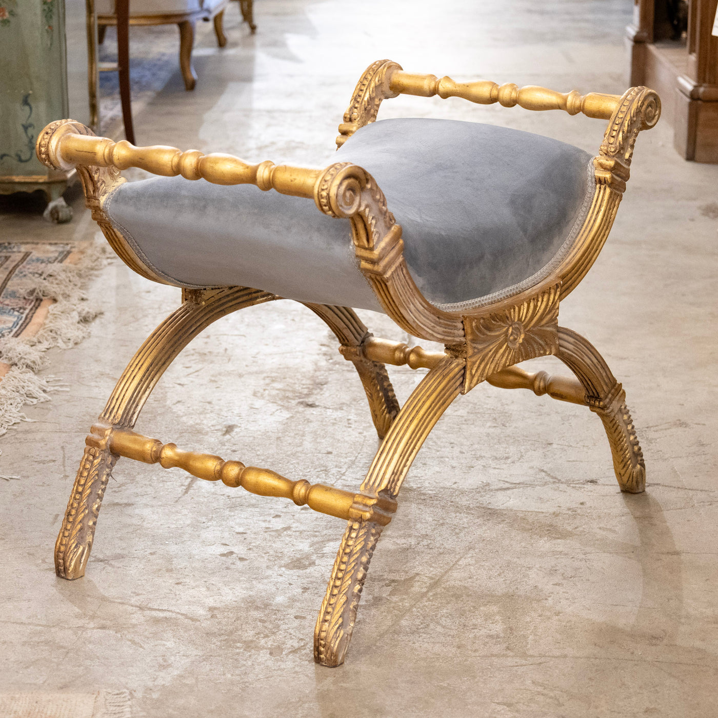Gilded Boudoir Stool – Muted Blue Velvet Upholstery