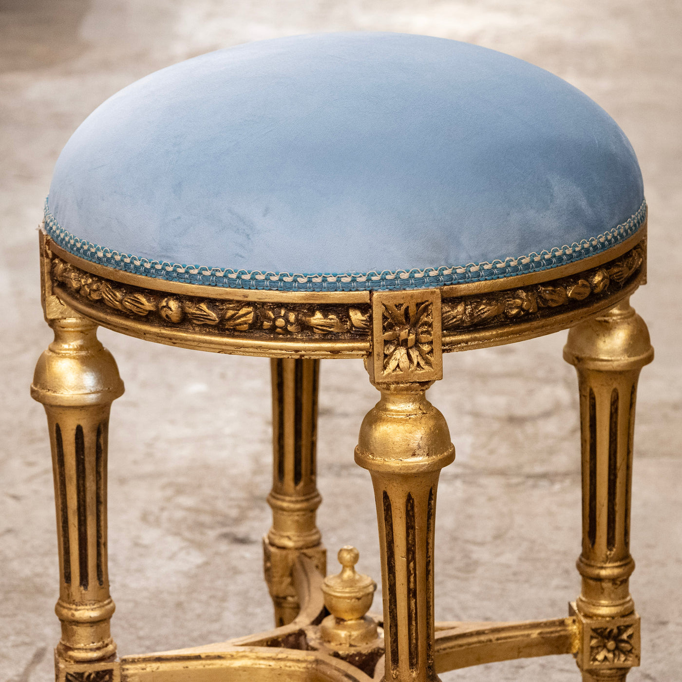 Louis XVI Round Gilded Stool – Powder Blue Velvet Upholstery