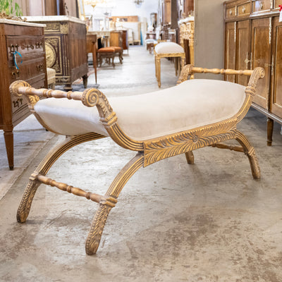 Boudoir Bench – Gilded Carvings & White Velvet Upholstery