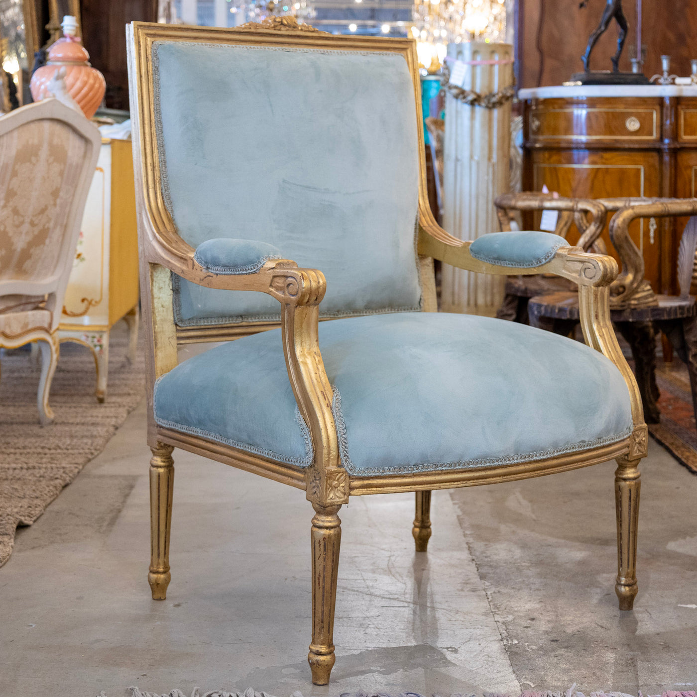 Louis XVI Captain Chair in Blue – Gilded Frame & Velvet Upholstery