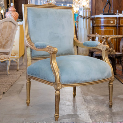 Louis XVI Captain Chair in Blue – Gilded Frame & Velvet Upholstery