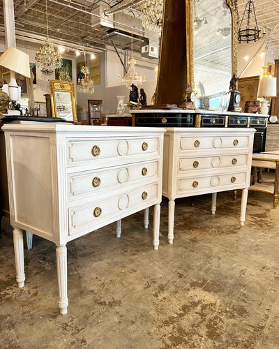 Antique Swedish Chest with Long Legs and Circle Carving | Le Chateau | European Luxury Furniture in Atlanta