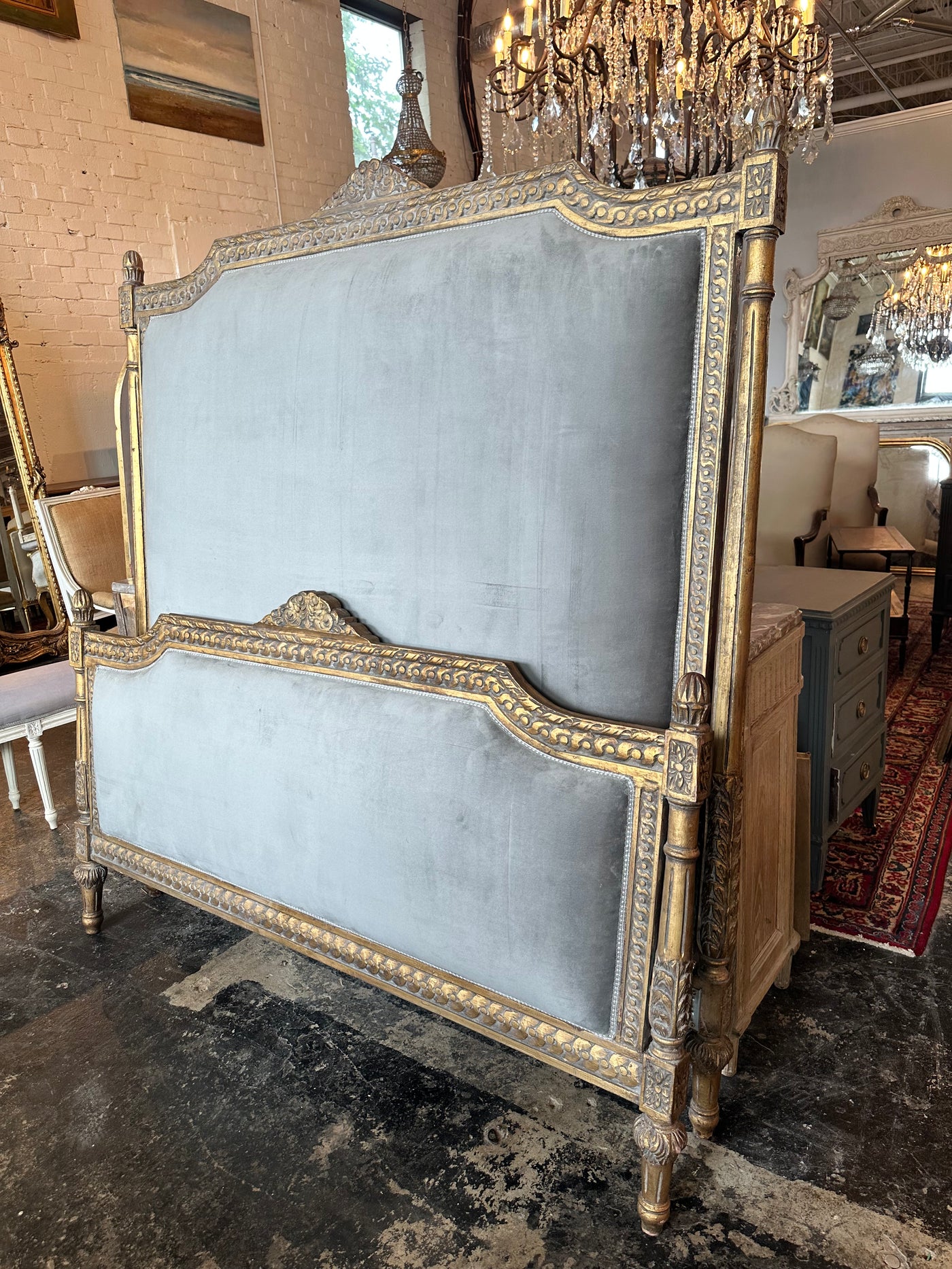 French Queen Bed Set with Slate Gray Velvet Upholstery | Le Chateau | European Luxury Furniture in Atlanta