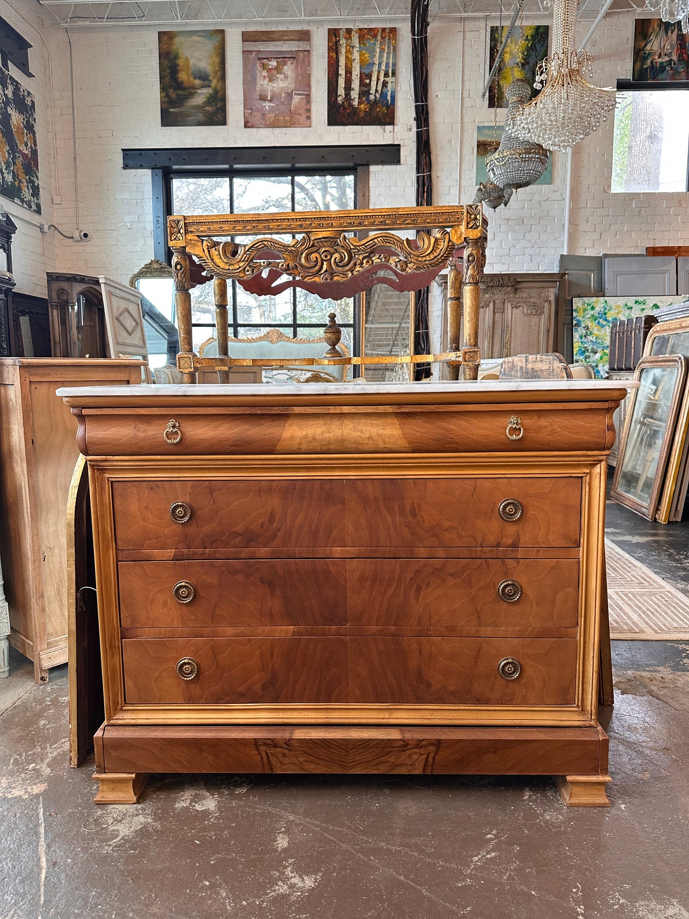 Louis Philippe Burl Wood Chest with White Marble Top