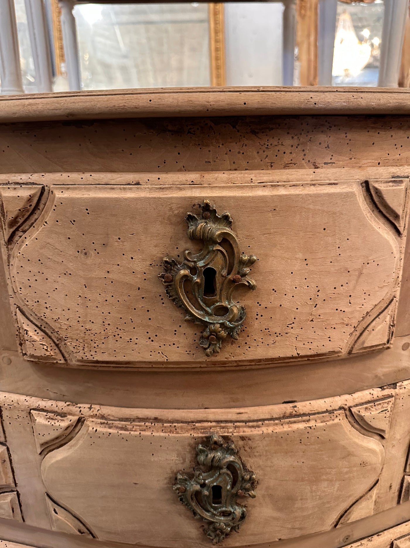 18th Century Natural Wood French Chest with Carved Detail