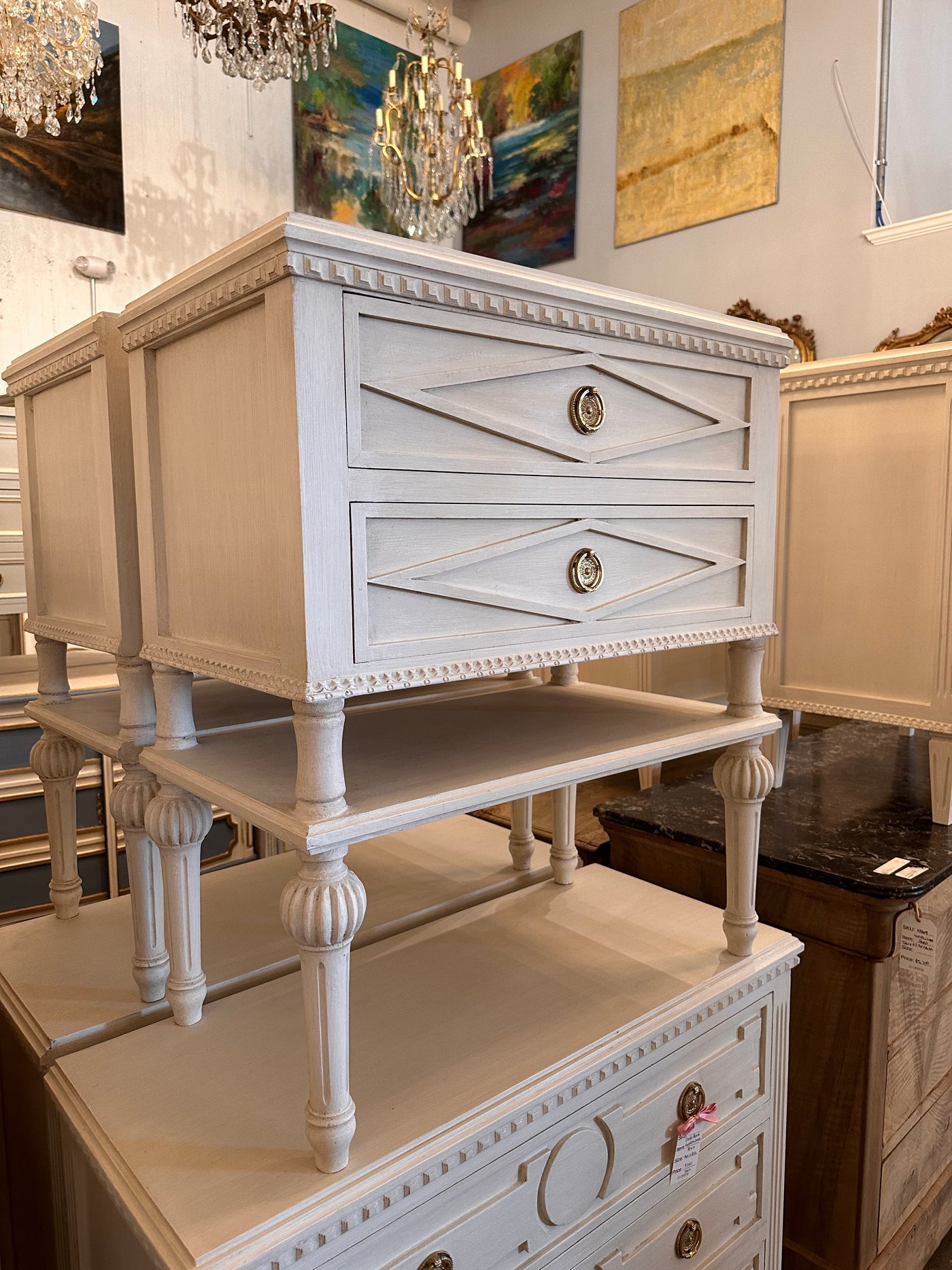 Swedish Nightstand with Carved Diamond and Shelf | Le Chateau | European Luxury Furniture in Atlanta