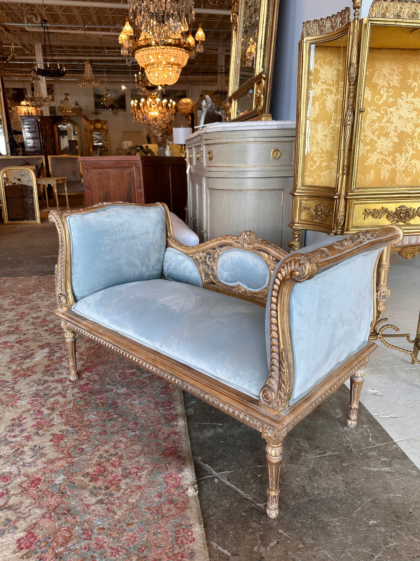 Louis XVI Baby Blue Velvet Settee