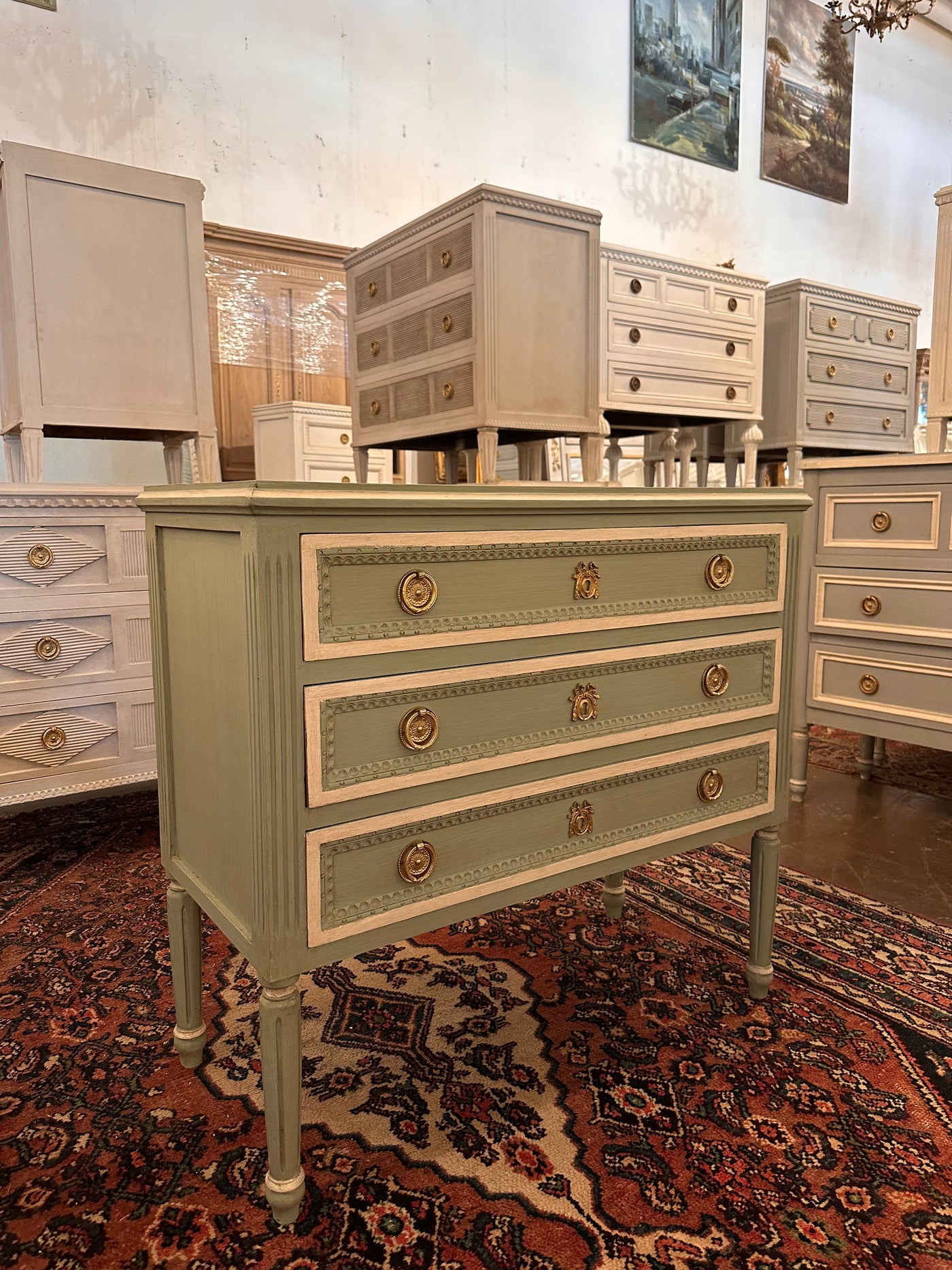 Green & White Swedish Chest with Rounded Legs | Le Chateau | European Luxury Furniture in Atlanta