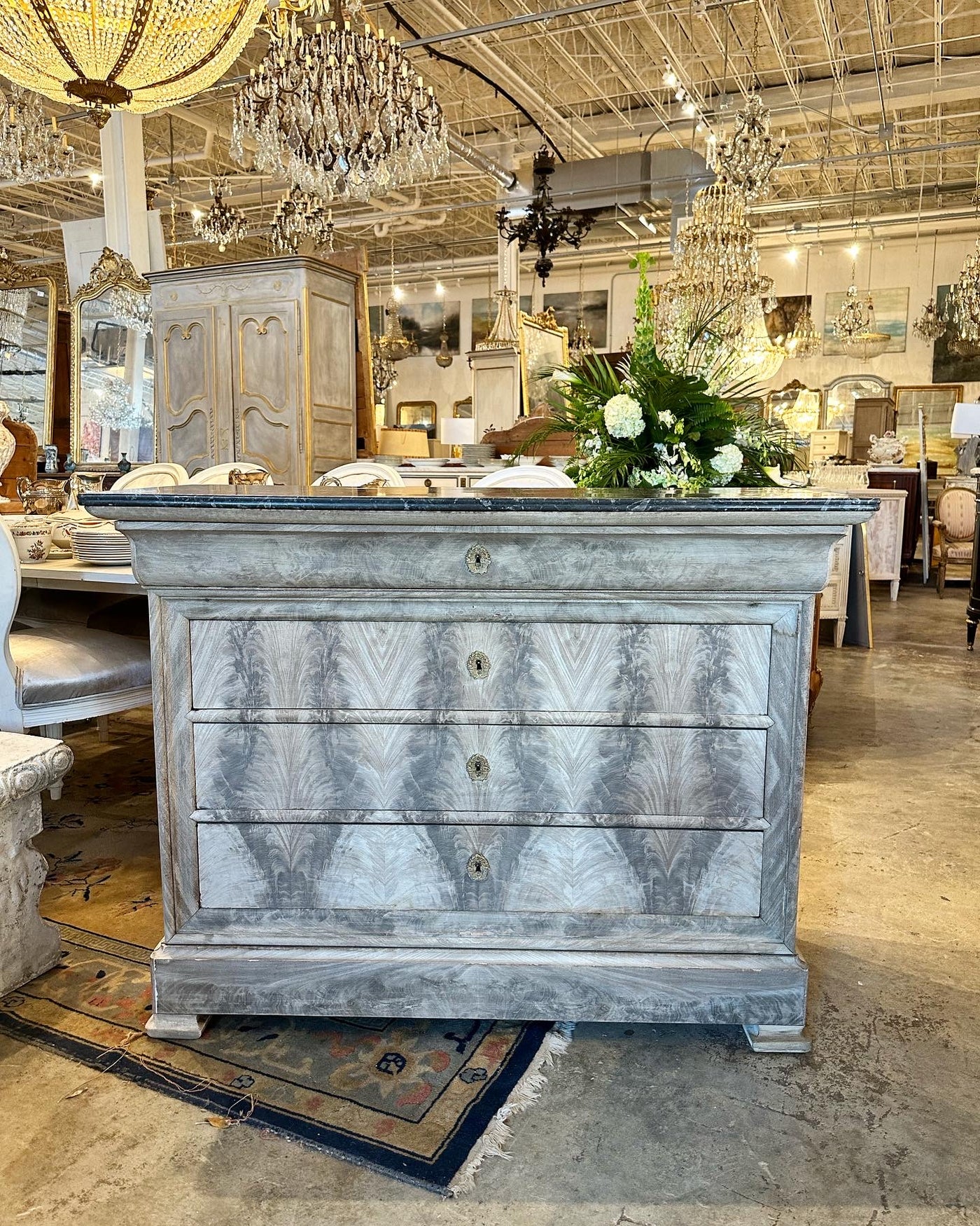 Burl Wood Louis Philippe Chest with Black Marble Top