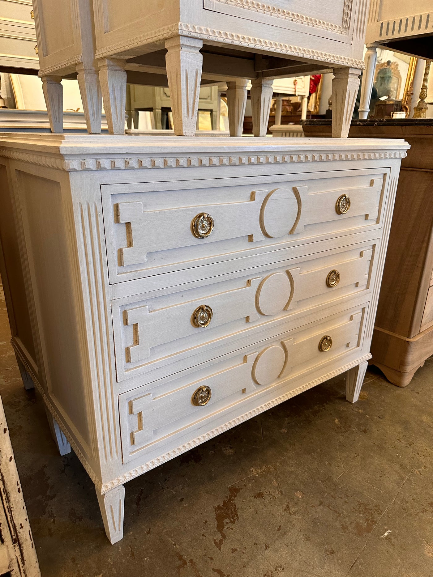 Swedish Chest with Circle Carving & Block Detail | Le Chateau | European Luxury Furniture in Atlanta