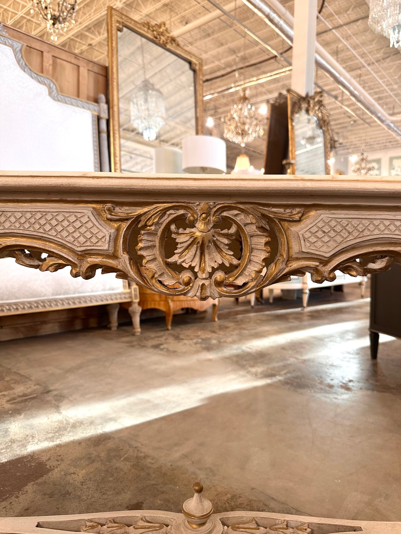 French Louis XVI Marble Top Console with Carved Details | Le Chateau | European Luxury Furniture in Atlanta