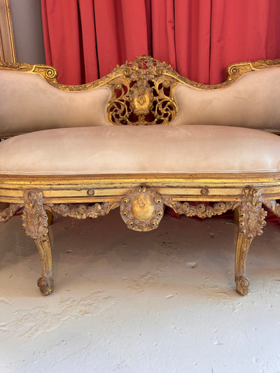 Louis XV Ornate Off White Velvet Settee