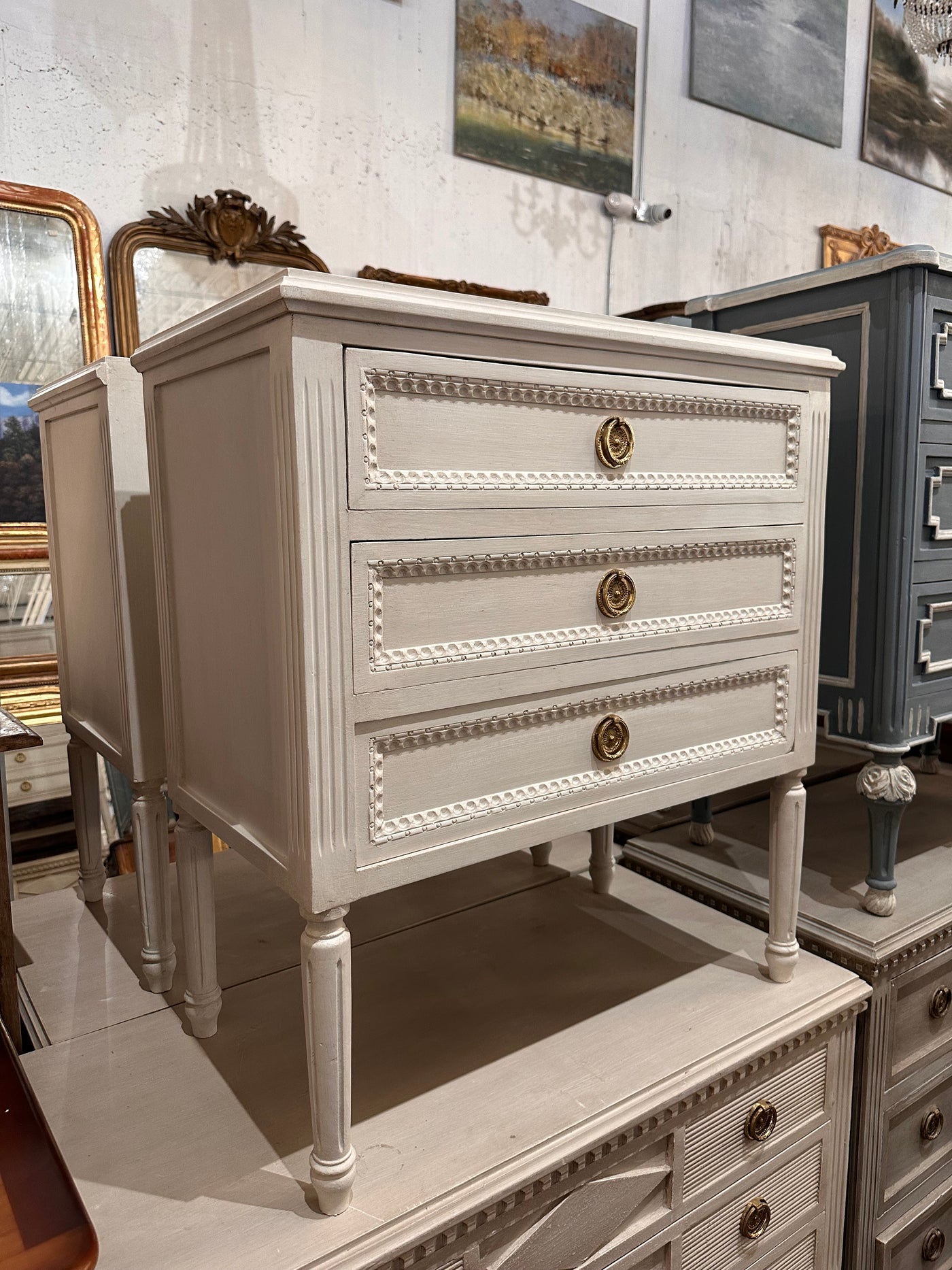 Swedish Nightstand with Beaded Drawers and Fluted Legs | Le Chateau | European Luxury Furniture in Atlanta