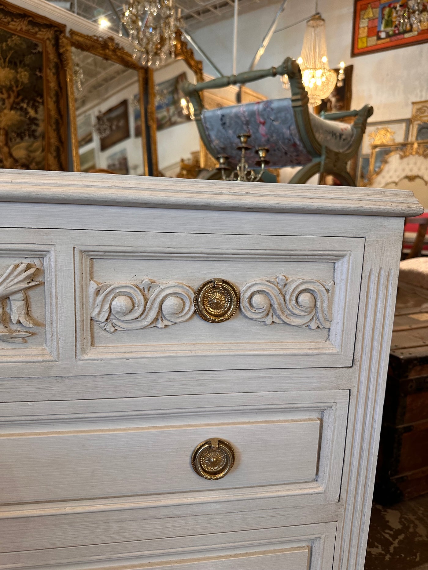 Swedish Chest with Carved Drawer Details & Ballerina Legs