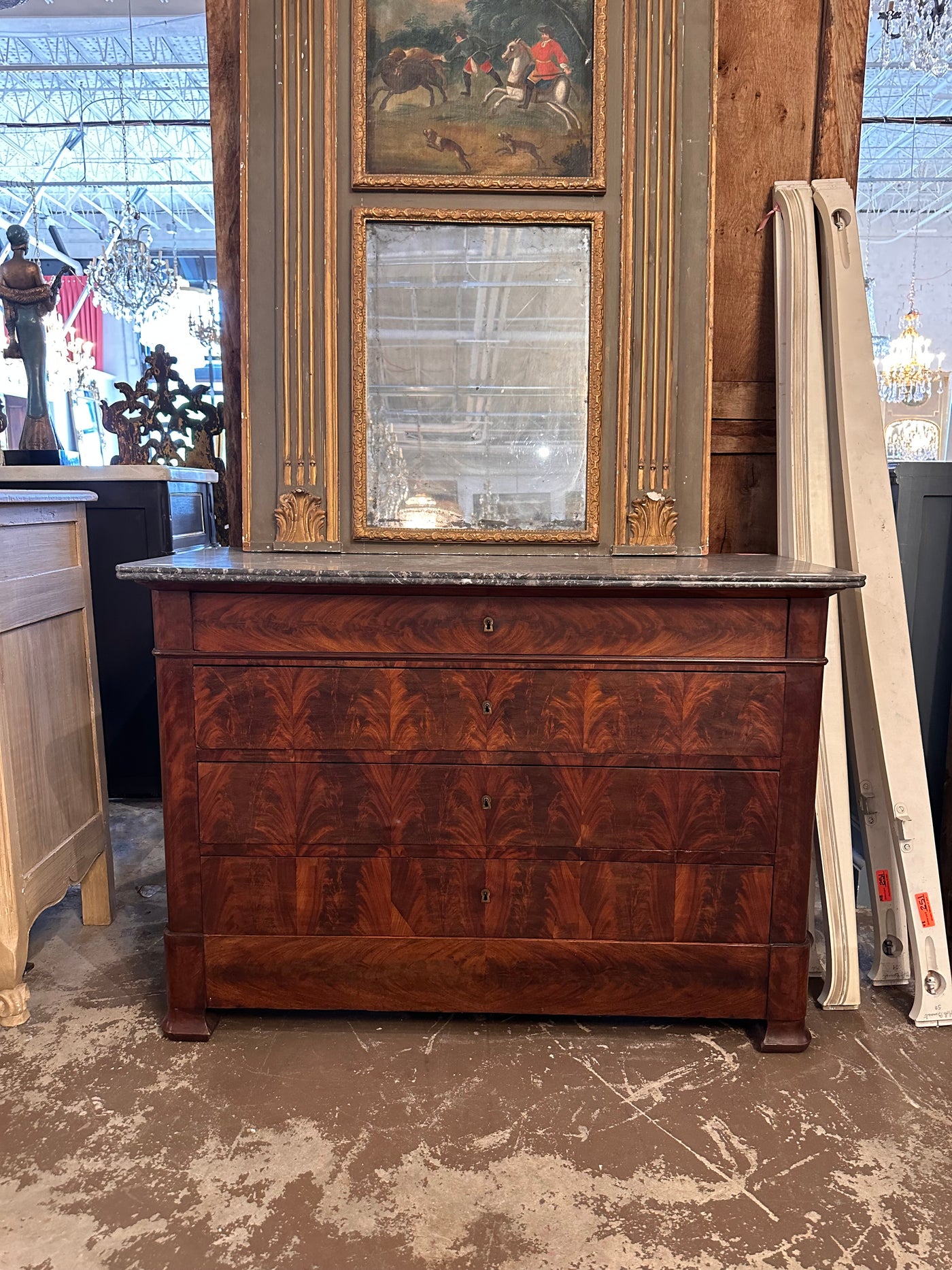 Dark Burl Wood Louis Philippe Chest with Black Marble Top