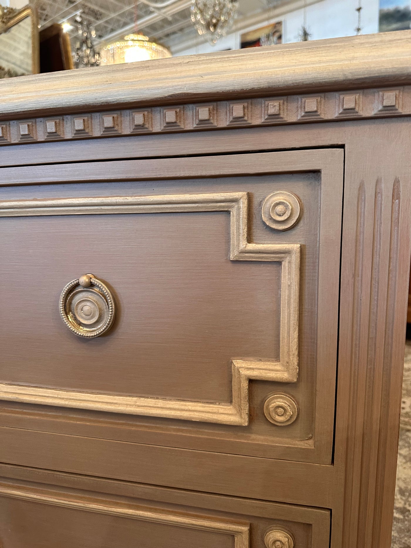 Early 1900s Swedish Wreath Carved Chest in Mauve | Le Chateau | European Luxury Furniture in Atlanta