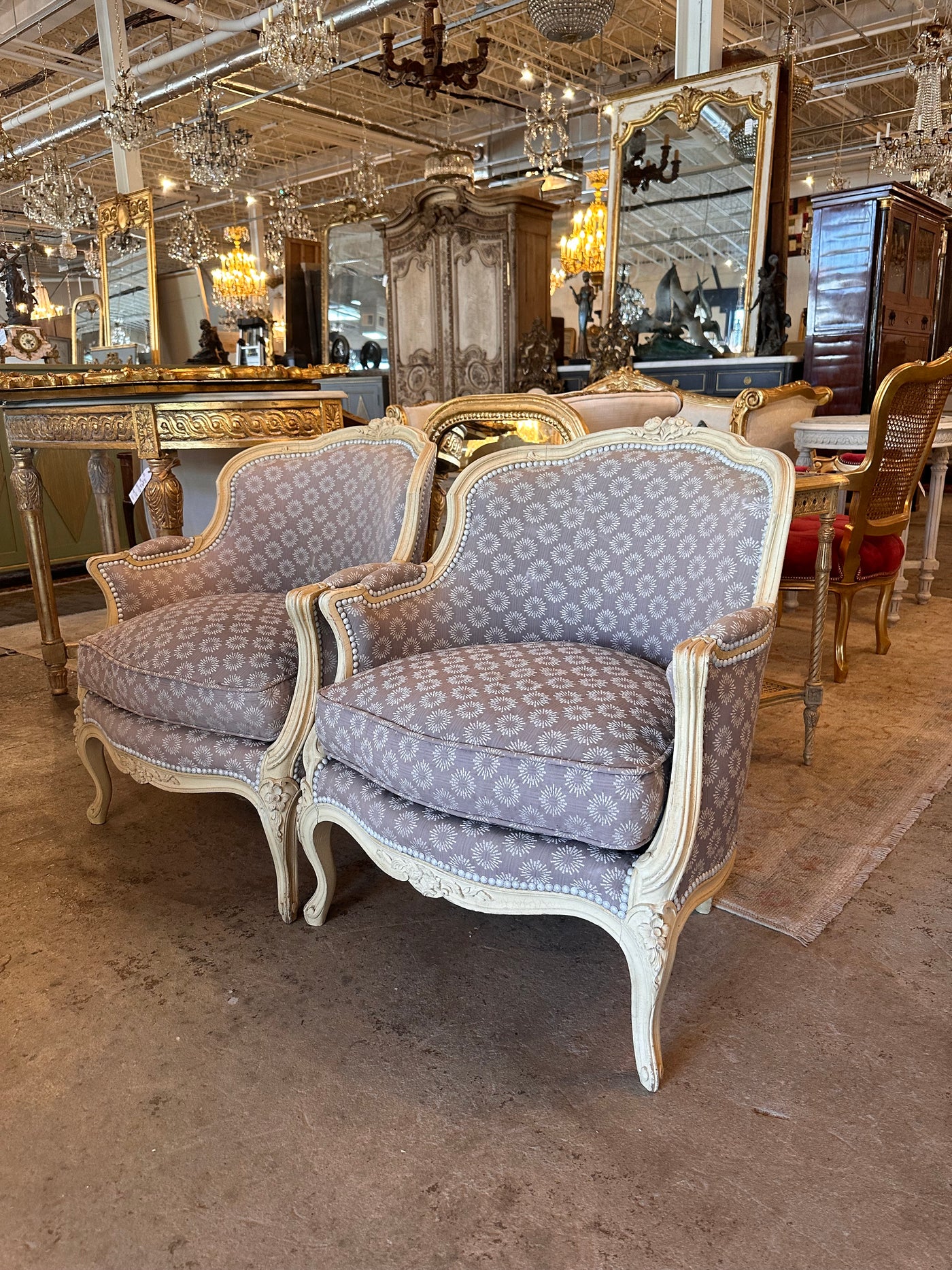 Pair of Sunburst Purple Pattern Louis XV Chairs