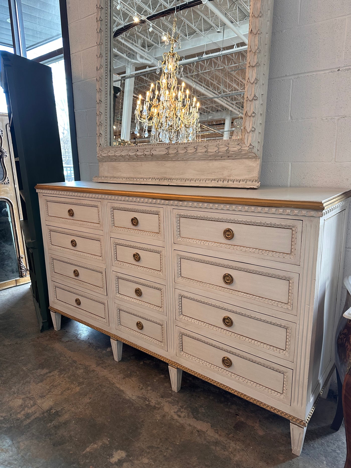 Swedish 12 Drawer Dresser in Dirty White with Gold Trim | Le Chateau | European Luxury Furniture in Atlanta