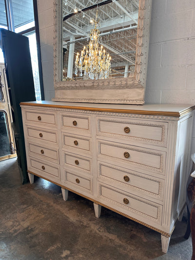 Swedish 12 Drawer Dresser in Dirty White with Gold Trim