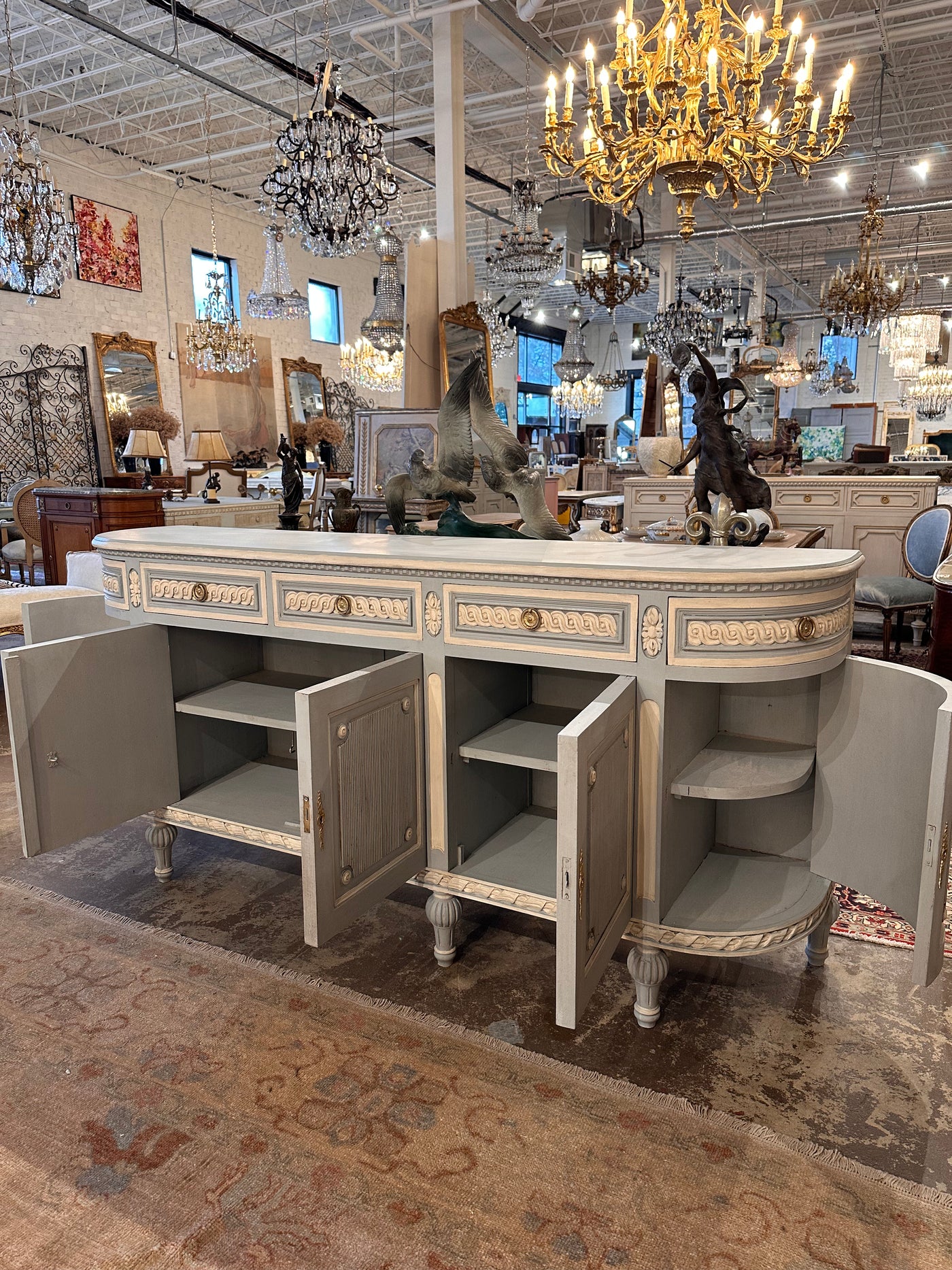 Antique Swedish Demilune Sideboard in French Blue & White | Le Chateau | European Luxury Furniture in Atlanta