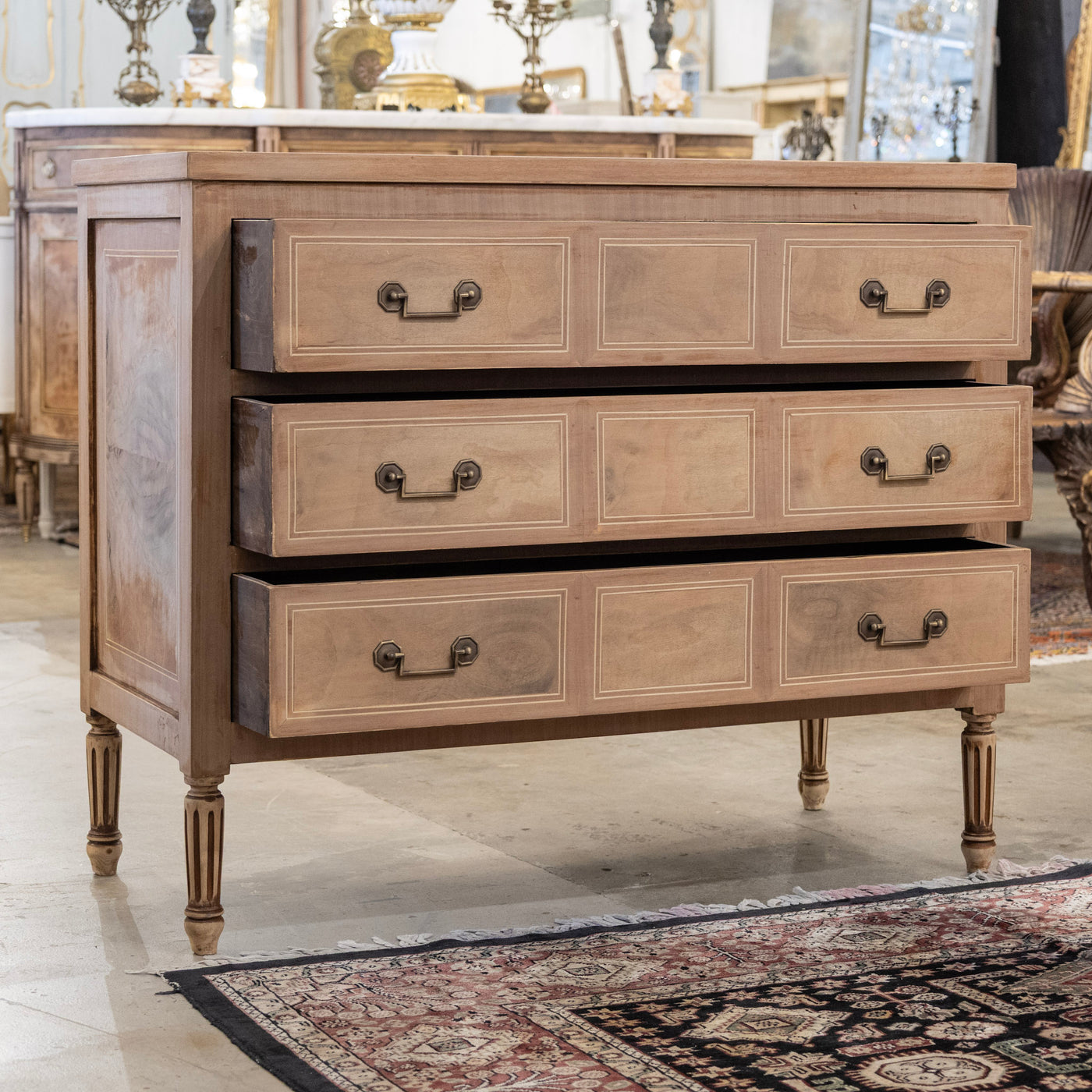 Louis XVI Stripped Burl Wood 3-Drawer Chest - Square Brass Handle