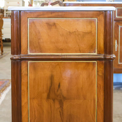 Louis XVI Burl Wood Square Nightstand –Rounded Marble Top & Brass Pulls