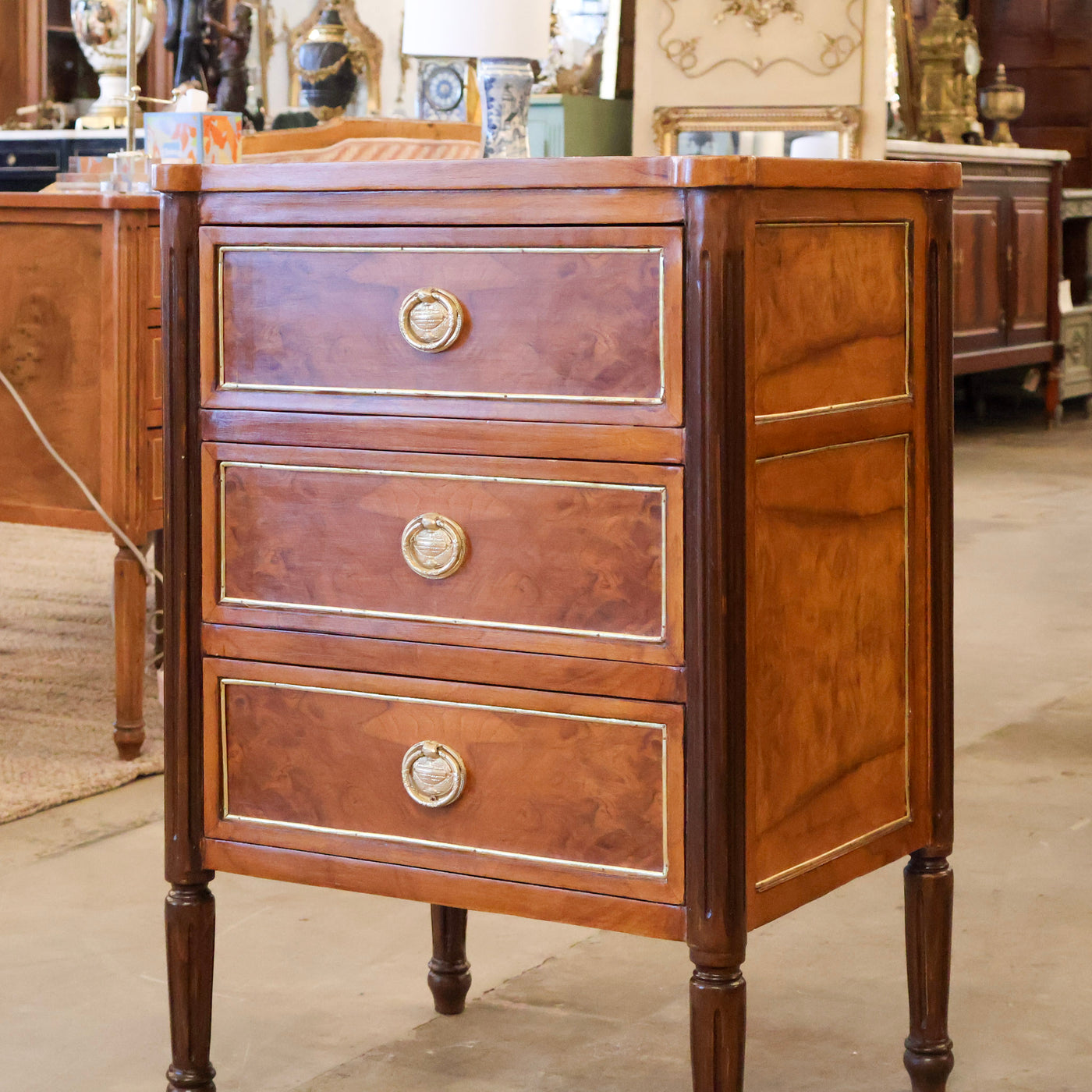 Louis XVI Burl Wood Nightstand with Rounded Wood Top & Large Brass Pulls