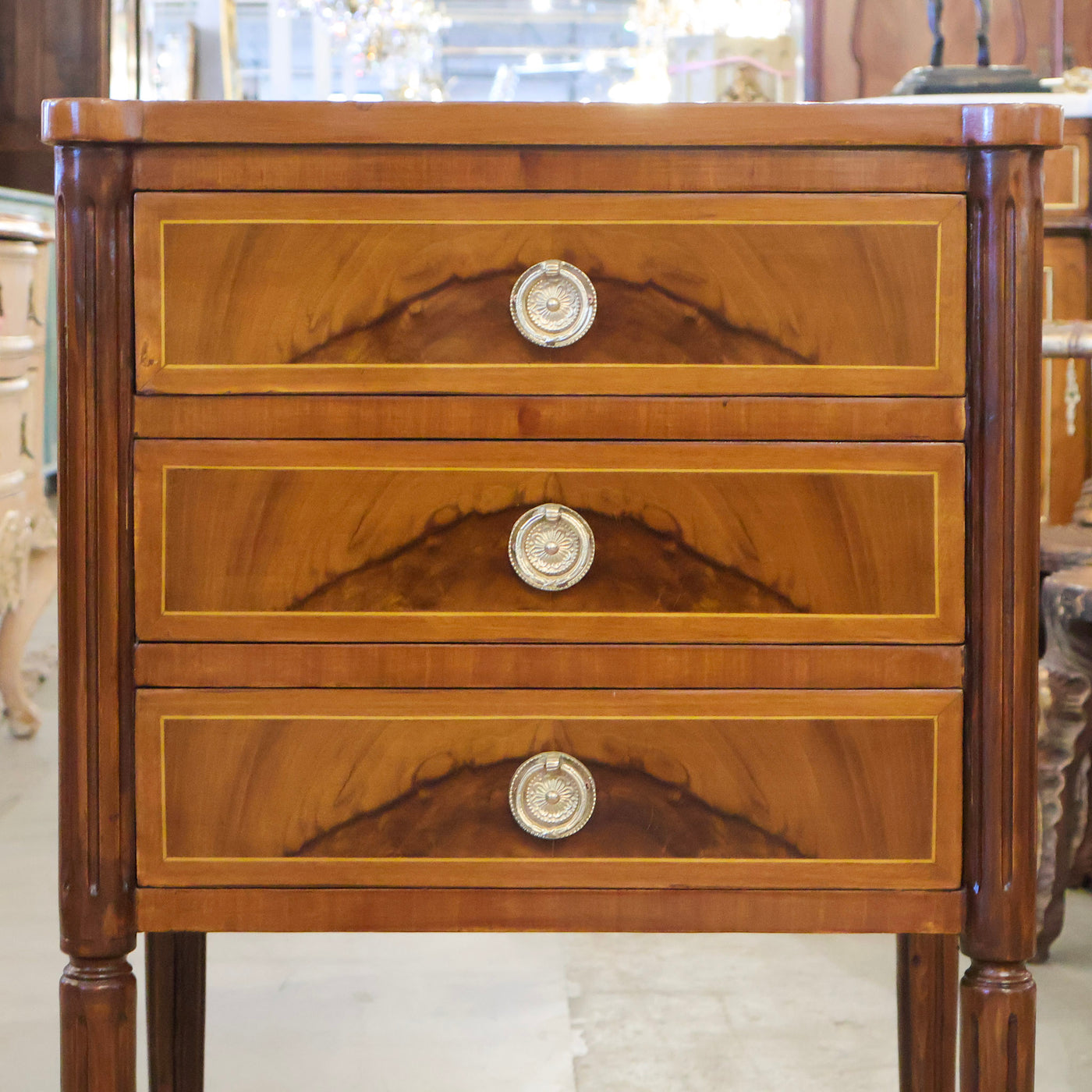 Louis XVI Tall Rounded Corner Burl Wood Nightstand