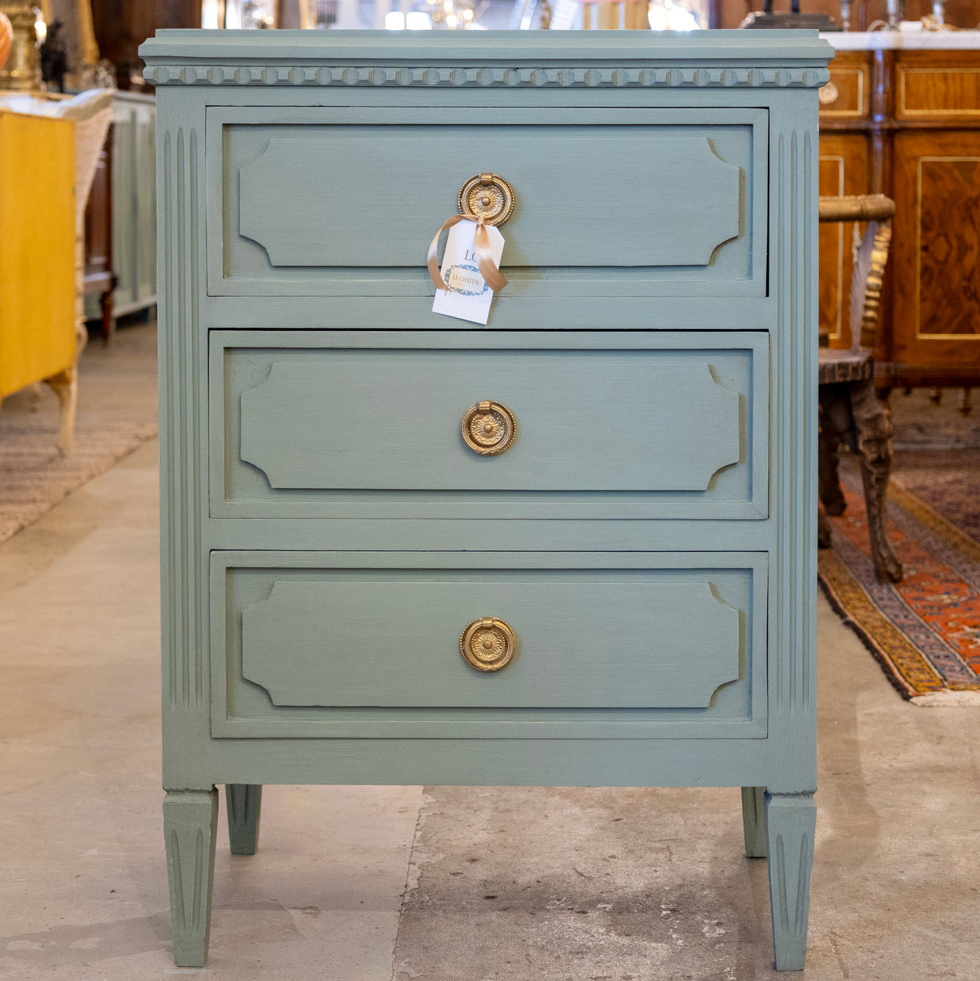 Swedish 3-Drawer Nightstand– Round Brass Pulls & Tapered Legs in Green