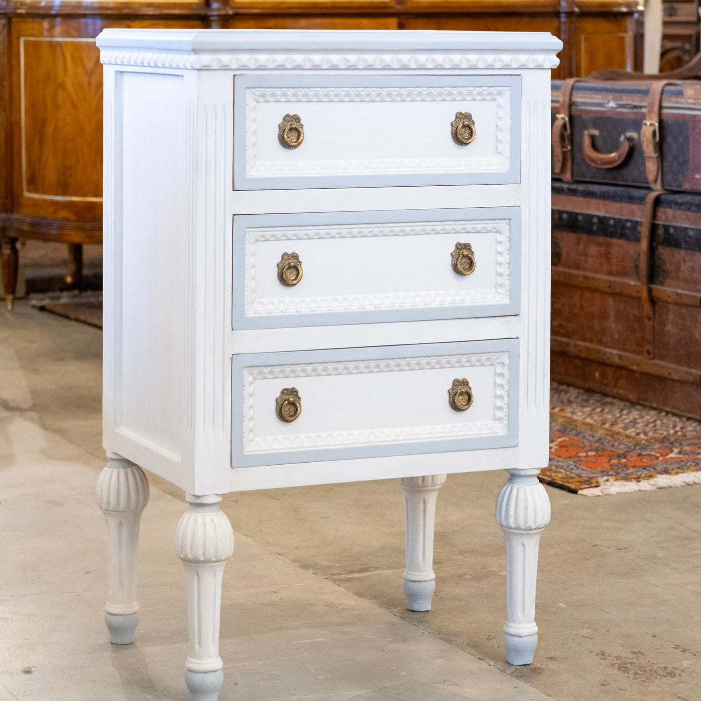 Swedish 3-Drawer Nightstand – Blue Beaded Trim & Ballerina Legs