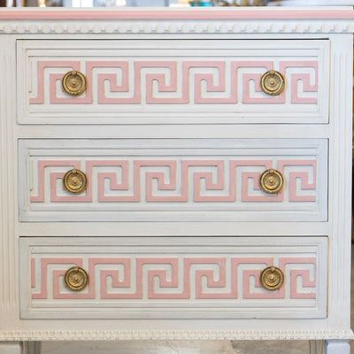 Swedish 3-Drawer Chest – Pink Greek Key Detailing & Beaded Trim in White