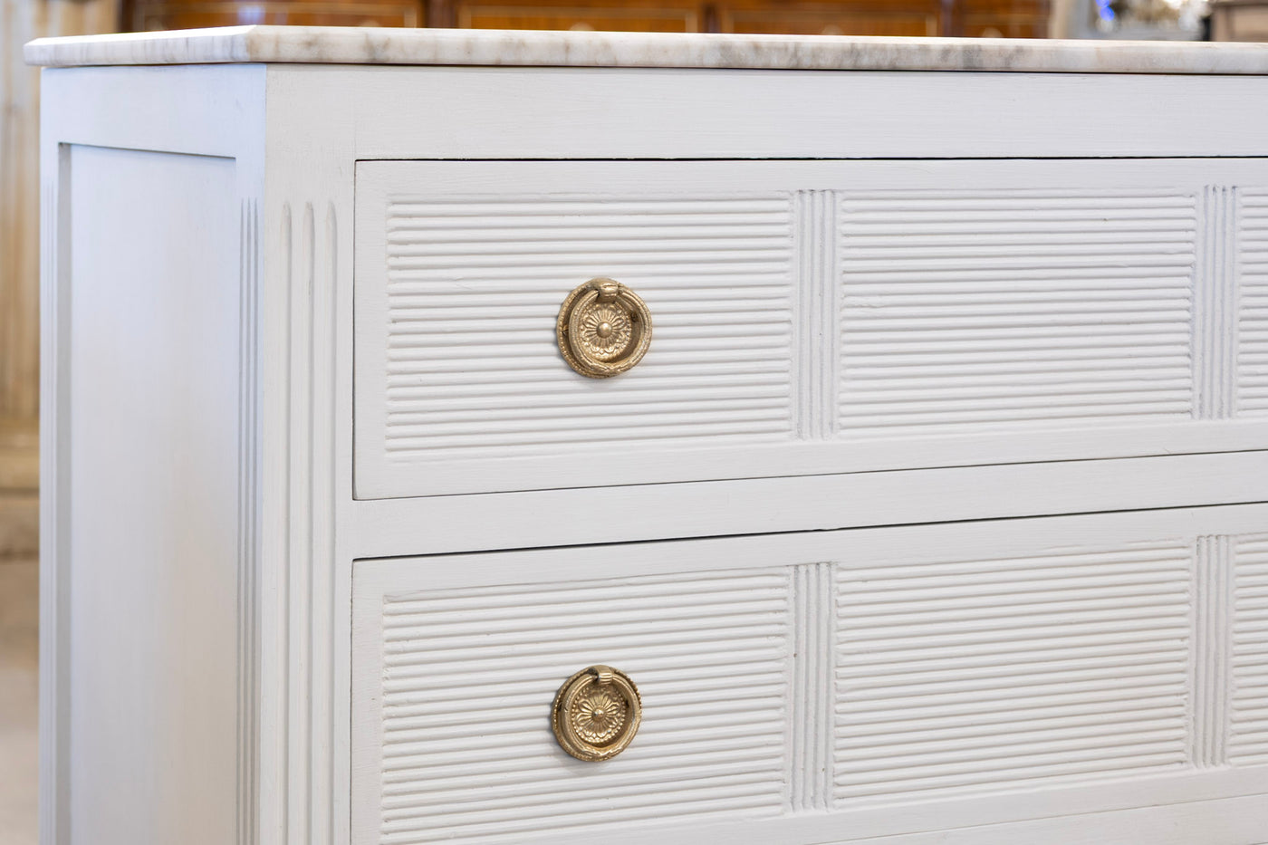 Swedish 3-Drawer Dresser – Reeded Drawers & Marble Top in Dove White