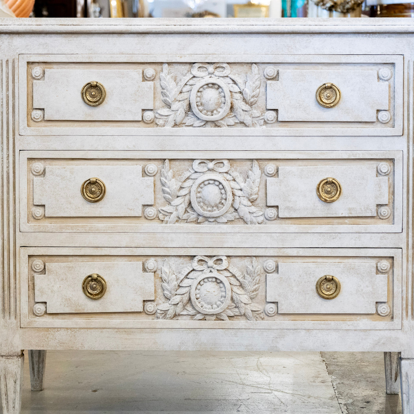 Swedish 3-Drawer Chest – Closed Block Carved Wreath Trim Detailing in Distressed Grey Finish