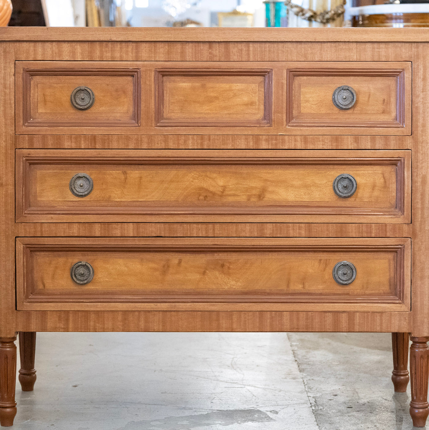 Louis XVI 3-Drawer Dresser – Honey Burl Wood Finish & Large Ring Pulls