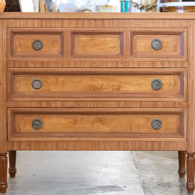 Louis XVI 3-Drawer Dresser – Honey Burl Wood Finish & Large Ring Pulls