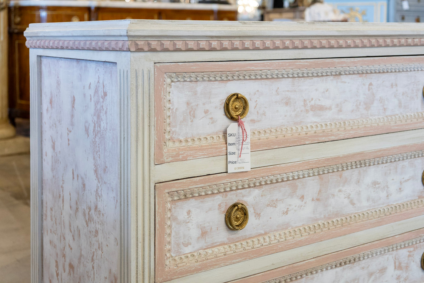 Swedish Pink & White Chest with Textured Finish & Large Brass Pulls