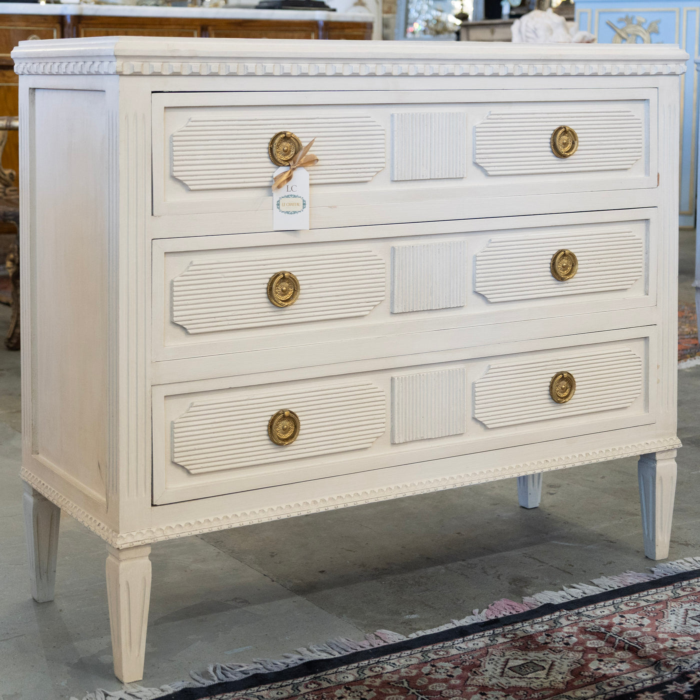 Swedish 3-Drawer Dresser – Reeded Drawer Trim & Tapered Legs in White