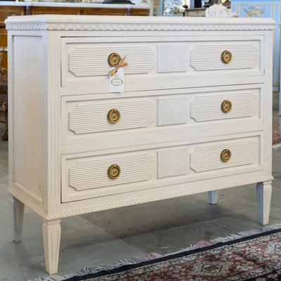 Swedish 3-Drawer Dresser – Reeded Drawer Trim & Tapered Legs in White
