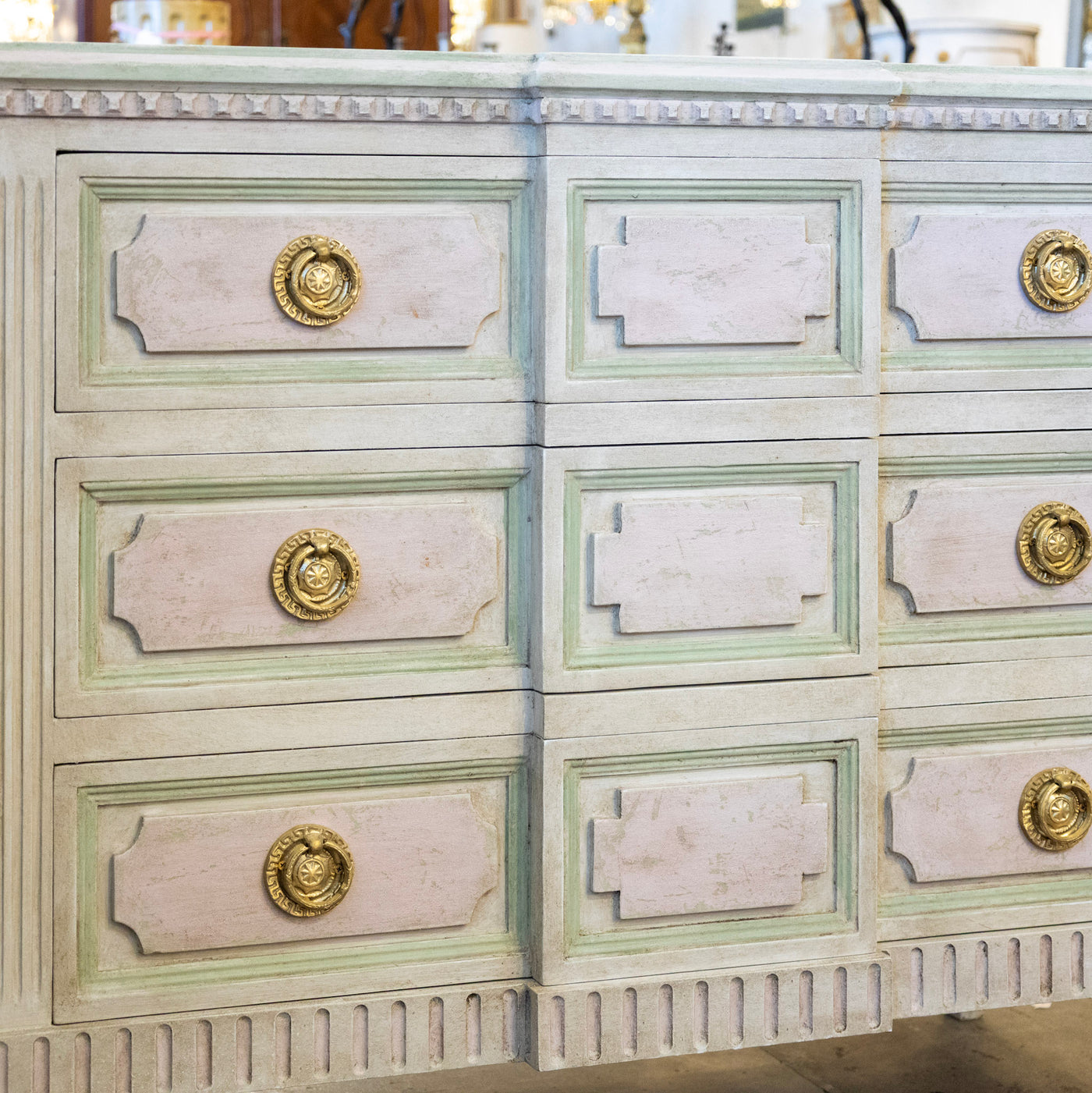Swedish 3-Drawer Dresser – Beveled Drawers & Distressed Pink-Green Finish